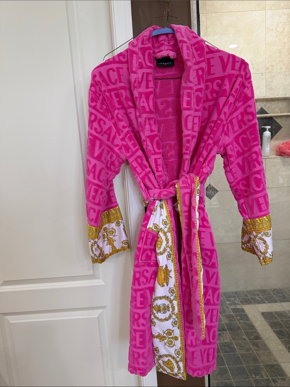 Versace Hot Pink Logo Terry Robe with Gold Baroque Accents